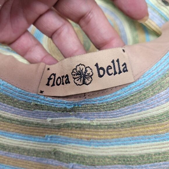 Flora Bella Pastel Floppy Wide Brim Straw‎ Beach Sun Hat Blue Green Striped - Picture 3 of 8